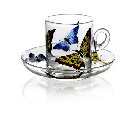 Stuart, a set of six Art Deco enamelled glass coffee cans or custard cups and saucers, circa 1930, each with polychrome butte