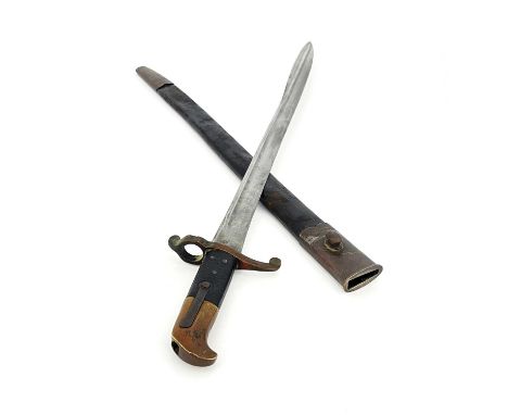 A 19th century British Lancaster sword bayonet, two piece chequered and brass grip, housed in leather mounted scabbard, ricas