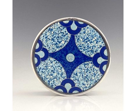 William Thomas Blackband, an Art Deco silver and enamelled box, Birmingham 1940, circular form, the lid with blue granite eff