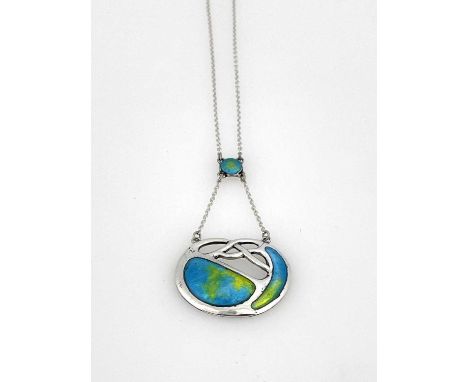 Charles Horner, an Arts and Crafts silver and enamelled pendant, Chester 1909, the Celtic knotted open tendril plaque with bl