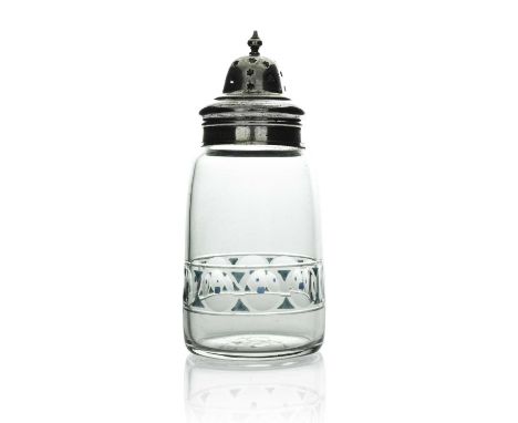 A Secessionist cut and enamelled glass shaker, circa 1910, rounded cylinder form, decorated with a geometric band of lenses h