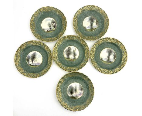 G H Evans for Royal Worcester, a set of six dessert plates, 1932, sage green powder ground with central Impressionist landsca