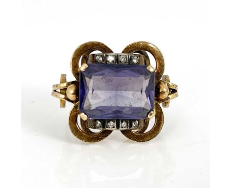 A yellow gold synthetic sapphire and white stone ring, ring size Q 1/2/R, 10.2g