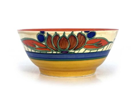 Clarice Cliff for Wilkinson, a Lily bowl, yellow, blue and orange bands, Fantasque marks, 16.5cm diameter