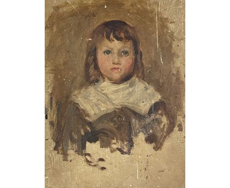 Circle of James Abbot McNeill Whistler, portrait of a young girl, bust-length wearing a white collar, oil on panel, 33 by 24c