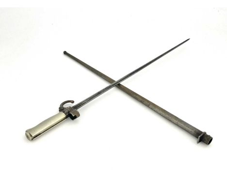 A French M1886 Lebel sword bayonet, cruciform blade, white metal grip and quillon, housed in steel scabbard, quillon marked 2