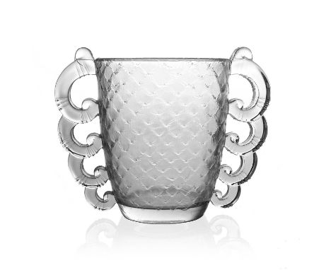 Pierre D'Avesn for Daum, an Art Deco glass vase, circa 1930, twin handled beaker form, frosted and polished textured scale de