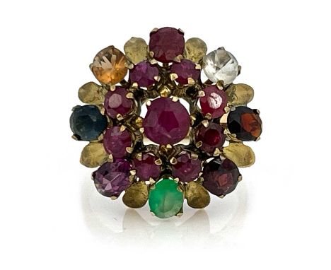 A 14k gold ruby and other gemstone 'Message Ring', ring size O 1/2/P, 4.8g