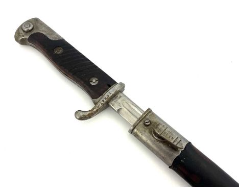 A First World War German M1898 Mauser sword bayonet by Simson &amp; Co, two piece wooden grip, housed in black leather mounte