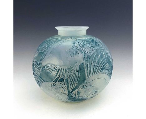 Rene Lalique, a Poissons opalescent glass vase, model 925, designed circa 1921, frosted and polished with turquoise staining,