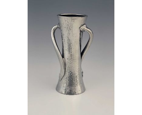 Oliver Baker for Liberty and Co., an Arts and Crafts Tudric pewter vase, model 030, planished waisted form with two wrythen h