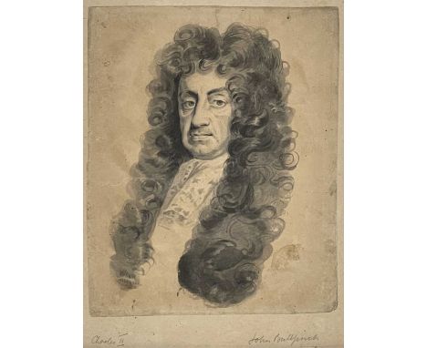 Attributed to John Bulfinch (British, 1680-1720), portrait miniature of King Charles II after Ryley, bust-length, ink and was