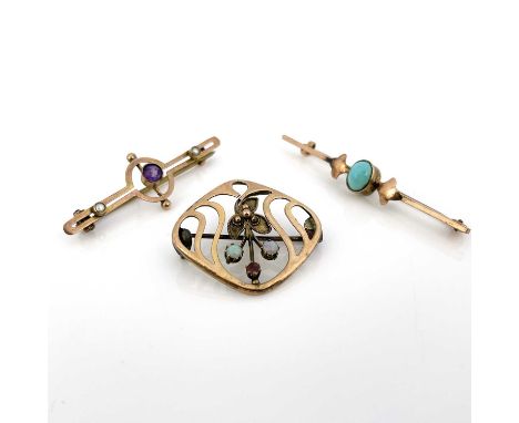 Three Arts and Crafts gold and gem set brooches, including George Walton, Chester, with opals and ruby, a Secessionist style 
