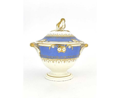 A Bloor Derby sauce tureen and cover, circa 1835, circular form, domed cover with bud finial, powder blue and moulded gilt bo