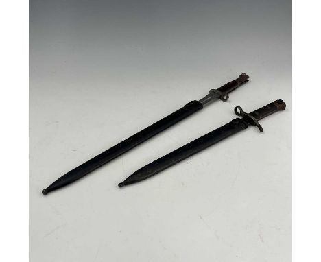 Two bayonets, Finnish M1927 Mosin-Nagant sword bayonet by Fiskars, two piece wooden grip housed in steel scabbard, ricasso ma