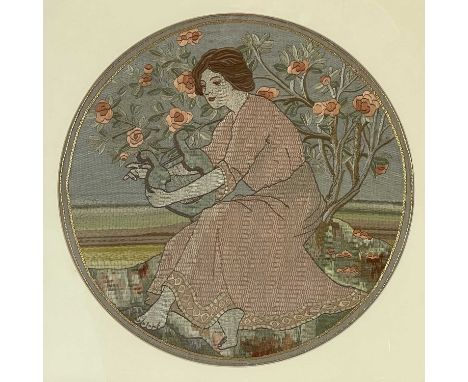 An Arts &amp; Crafts design circular silk embroidery, in coloured and gold thread, portrait of a classically draped maiden se