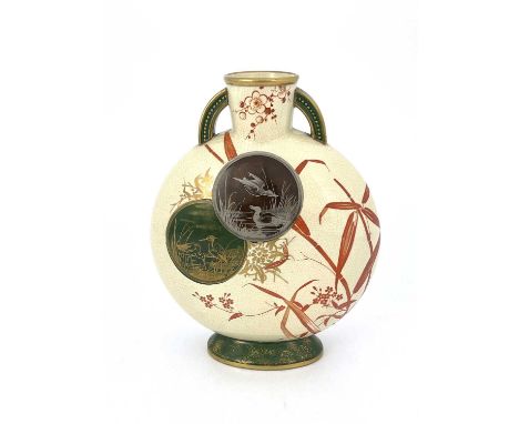 An Aesthetic Movement moon flask, possibly Minton, circa 1880, bead moulded twin handles, painted with roundels of birds amon