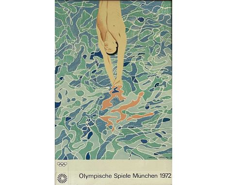 David Hockney R.A. (British, 1937), 'Olympische Spiele Munchen' (1972), offset lithograph in colours, 101 by 64cm, framed. No