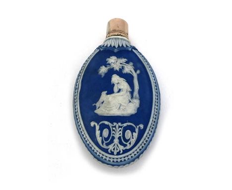 A Wedgwood Jasperware and yellow metal mounted scent flask, circa 1790, the oval pebble form body with cameo relief motifs of