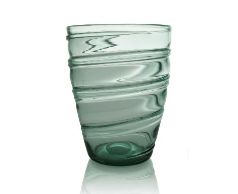 Barnaby Powell for James Powell and Sons, Whitefriars, a large emerald green trailed glass vase, model 9030, open barrel form