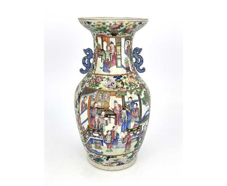 A Chinese porcelain vase, 19th Century, Guangxu period, (1875-1908), blue enamel handles, painted court scenes with flowers a