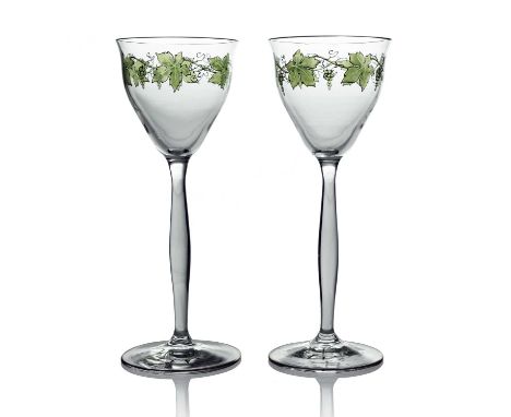 Theresienthal, a pair of Secessionist enamelled wine glasses, circa 1905, ogee conical bowls painted with fruiting grape vine