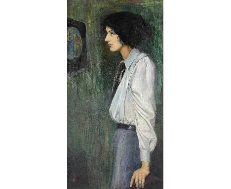 Frank Sidney Harper (British, 1878-1929), portrait of the artist's wife Mary, standing half-length in profile, wearing a whit