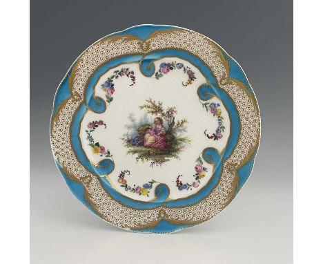 A Continental porcelain plate, circa 1820, circular form, painted witha  lady seated on mossy bank, with rose basket and staf