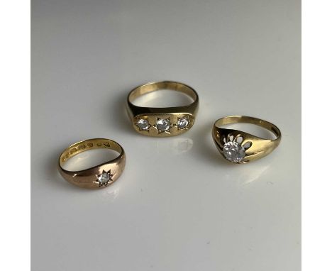 Three 9ct gold gem set rings, ring sizes: X, P 1/2, L/L 1/2, 11g (3)