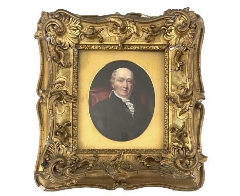 Henry Pierce Bone (British, 1779-1855), portrait of the late Joseph Neeld Esq, half-length seated wearing a black tunic and w