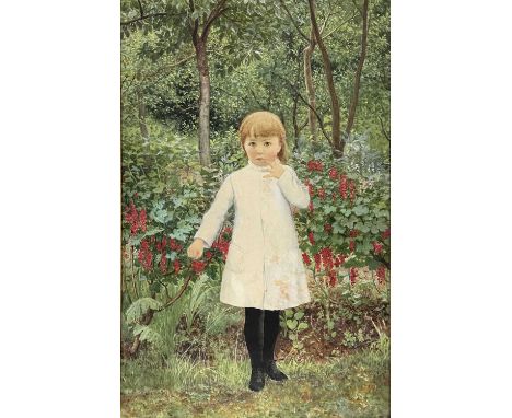 British School, late 19th Century, portrait of a young girl, full-length in a white coat standing in a vineyard, watercolour,