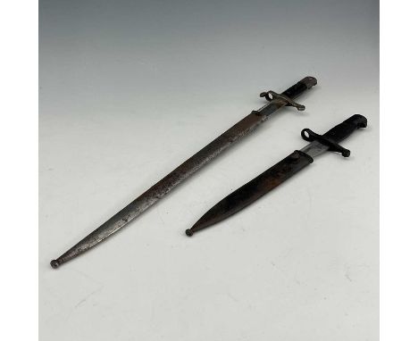 Two bayonets, Portuguese M1885 Kropatshek sword bayonet, two piece wooden grip housed in steel scabbard, ricasso marked Portu