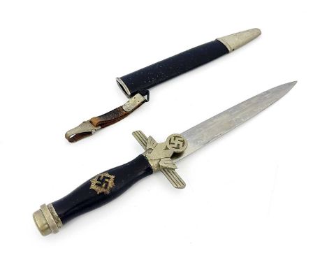 Third Reich German RLB second pattern Enlisted Rank's dagger, housed in black metal scabbard with hanging strap, white metal 