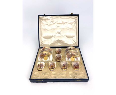 James Stinton for Royal Worcester, a pheasant painted coffee set, decorated with birds in thicket habitats, signed, boxed