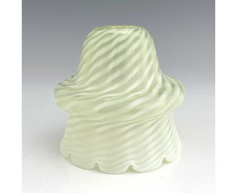 An Arts and Crafts opalescent glass light shade, bulbous gourd form, opaque wrythen stripes, frosted with denticulated rim, f