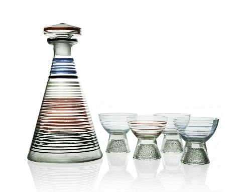 An Art Deco enamelled glass drinking set, including decanter and four cocktail glasses, circa 1930s, the conical decanter dec