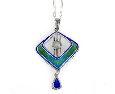 Charles Horner, an Arts and Crafts silver and enamelled pendant, Chester 1920, diamond shaped Egyptian revival scarab wing fo