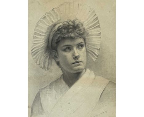 British School, late 19th Century, portrait of a lady, bust-length wearing a pleated headdress, indistinctly signed and dated