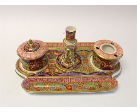 A Derby porcelain desk stand, Japanese Imari palette circa 1820, twin tray with removable pots and candlestick, red marks, 25