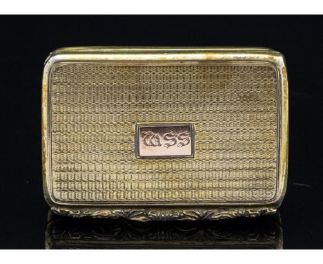 A George III silver gilt snuff box, engine turned rattan weave design, with cast foliate thumbpiece, Lawrence and Co., Birmin