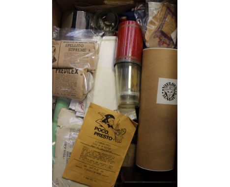Collection of vintage magic tricks, to include metal illusion tube, "T. Nelson Downs Palming Coins", balls, silks, hooter, tr