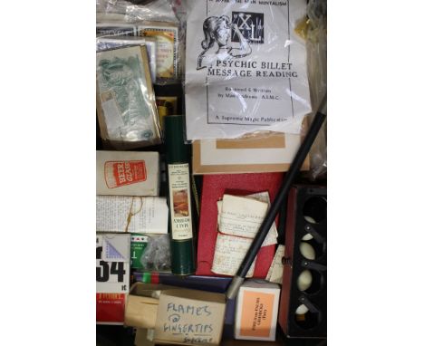 Collection of vintage magic tricks, to include "Flames at Fingertips", "Fire from Palms Gimmicks", cards & slate trick, "The 