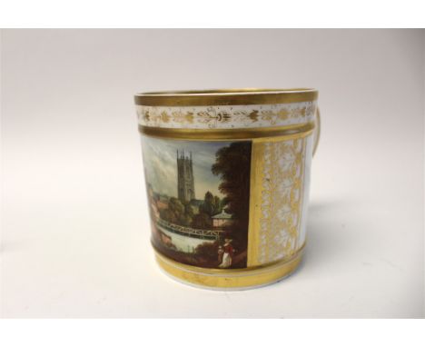 A Derby Bloor porter mug, painted with a View of Derby, attributed to Daniel Lucas, depicting All Saints, the Shot tower and 
