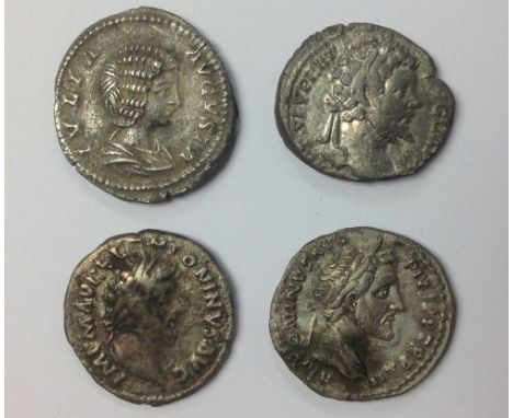 Four Roman silver Denarii, A. Plus, M. Aurecius, S. Severus J. Domna 