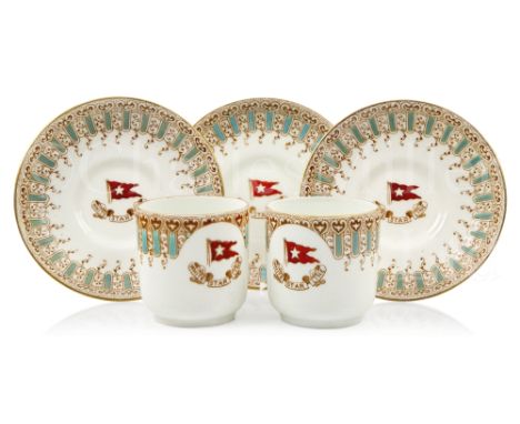 TWO FIRST CLASS WHITE STAR LINE COFFEE CANS AND SAUCERS, CIRCA 1912 with maker's marks for Stonier &amp; Co., Liverpool, regi
