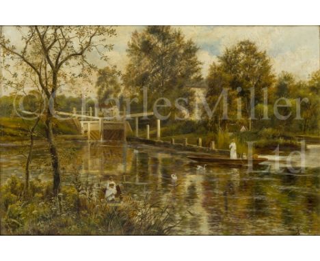 THEODORE HINES (BRITISH, Fl. 1876-1899) At Clevedon Lock on the Thames Oil on canvas Signed 'Theo Hines' (lower right) and si