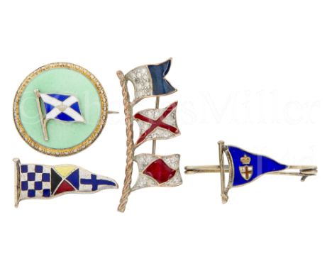 FOUR ENAMEL FLAG AND BURGEE BROOCHES comprising a base metal hoist with cut glass and brightwork mount indicating 'AVF'; a ba