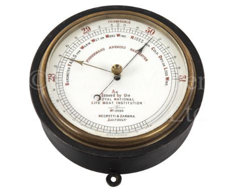AN RNLI ANEROID BAROMETER BY NEGRETTI &amp; ZAMBRA, LONDON, CIRCA 1900 the 4½in. enamelled dial inscribed Fisherman's Aneroid