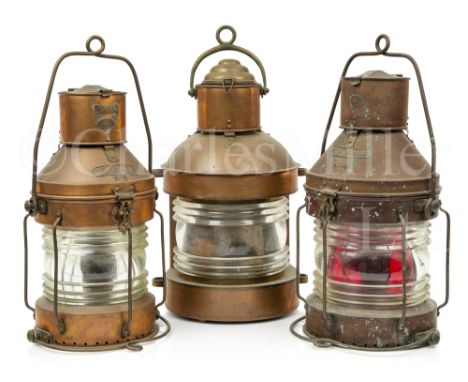 COPPER AND BRASS NAVIGATION LAMPS comprising an anchor lamp; ‘not under command’ and a masthead lamp, the first two complete 