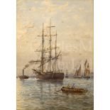 ATTRIBUTED TO GEORGE STANFIELD WALTERS (BRITISH, 1838-1924) : A square rigger being tugged up the